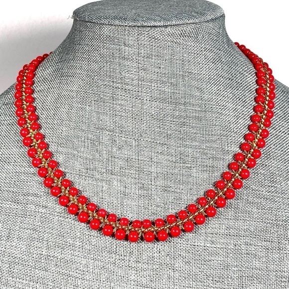 Necklace Red Gold Tone Beaded Hook Clasp Signed  Vintage 18”+2” - Picture 10 of 10